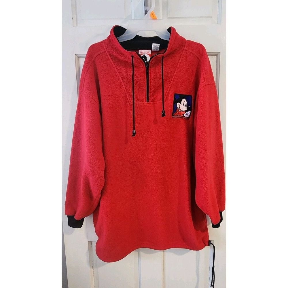 VINTAGE 90S WALT DISNEY WORLD 1/4 ZIP FLEECE SWEATSHIRT MENS MEDIUM RED MICKEY